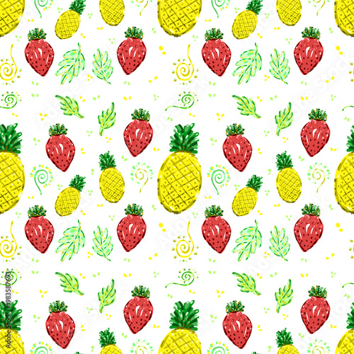 Seamless pattern with pineapples and strawberries doodle color illustration