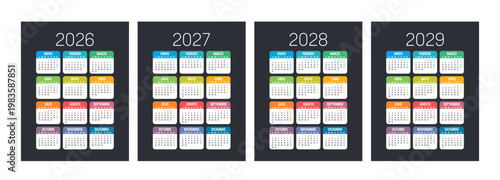 Set de calendarios coloridos en español, años 2026 2027 2028 2029 planificador, fondo oscuro