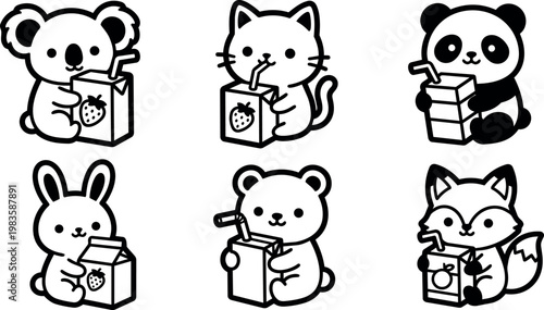 Black and white line art animals drinking juice vector set