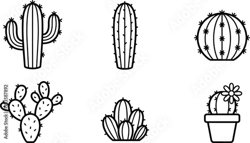 Black and white line art cactus collection with potted flower and diverse shapes