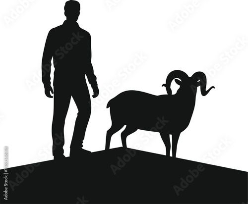 A cute vector illustration featuring the black isolated silhouettes of a young man standing with his dog and a farm horse in a nature setting