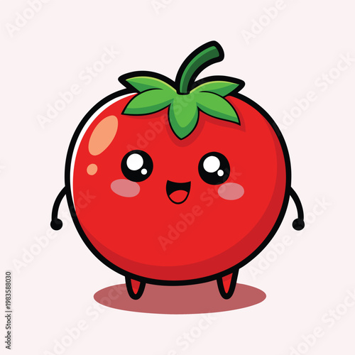 Cute cartoon tomato character, smiling red fruit, vector illustration, food icon