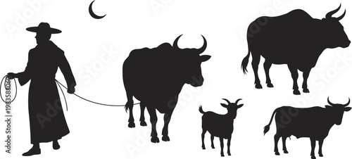 Cartoon vector illustration of a cute black and white farm cow with her calf and a powerful bull silhouette isolated on a white background with cattle, milk ox, and buffalo art elements