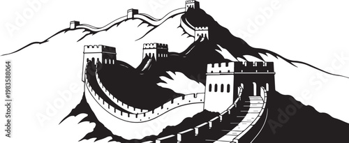 Great Wall of China, black and white illustration, ancient fortification, iconic landmark vector
