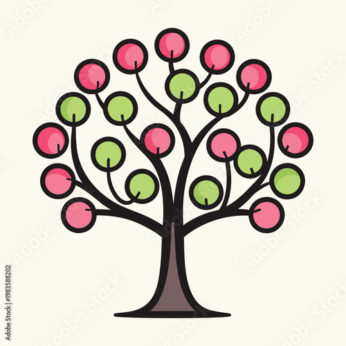 Colorful tree icon, pink and green fruit tree, vector illustration, decorative tree symbol