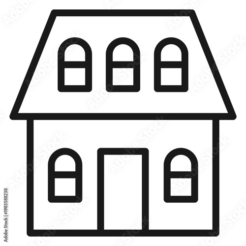 Black line vector icon of a residential house with a mansard roof, featuring three attic windows, two main floor windows, and a central door, isolated on a white background for graphic design.