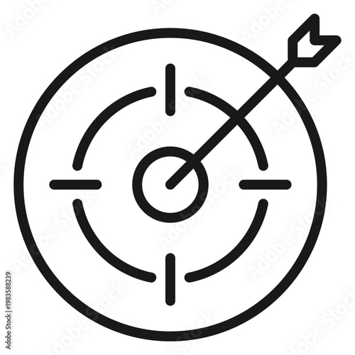 Obraz na plátně Minimalist black vector icon of a target with an arrow hitting the bullseye, representing success, business goals, achievement, and strategic focus in a clean, scalable line art illustration