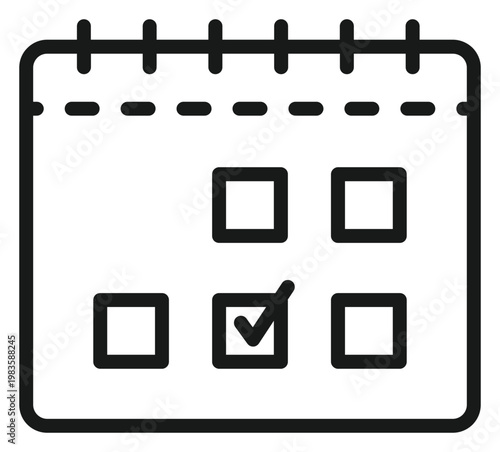 Foto Minimalist black line art vector icon of a calendar with a checkmark on a specific date, symbolizing scheduling, appointment booking, task completion, deadline management, and planning