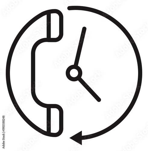 Minimalist black vector icon illustration of a telephone handset combined with a clock and circular arrow, symbolizing call back services, customer support history, and appointment scheduling.