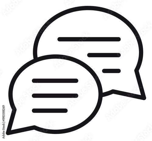 Photos Minimalist black vector icon illustration of two overlapping speech bubbles representing a conversation, chat, or discussion, featuring clean line art design for communication and messaging