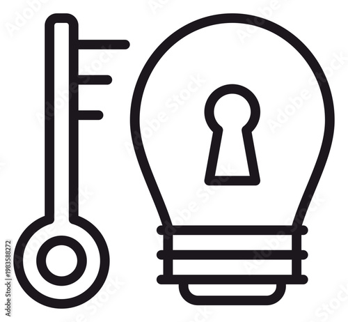Tableau sur toile Minimalist black line vector icon illustration of a light bulb with a keyhole and a matching key, representing the concept of unlocking creative ideas, innovative solutions, and knowledge