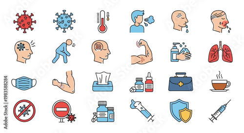 Illustrations depicting illness symptoms prevention and medical care silhouette