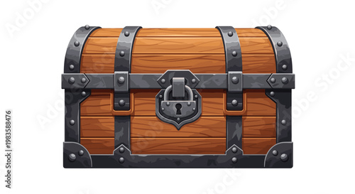 A meticulously detailed wooden treasure chest reinforced with weathered iron bands and a heavy-duty metal padlock rests against a plain white background.