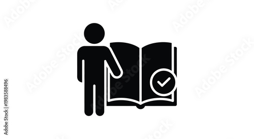 Person reading an open book with a checkmark black silhouette
