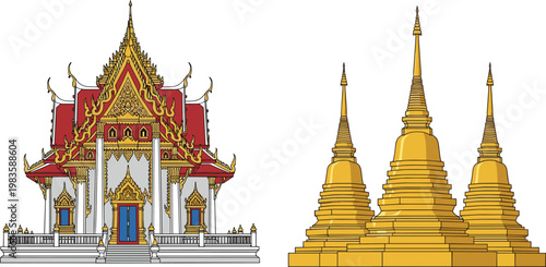 Set of Cartoon Illustrations of Traditional Thai Temple and Pagoda Designs for Cultural, Religious, and Architectural Projects
