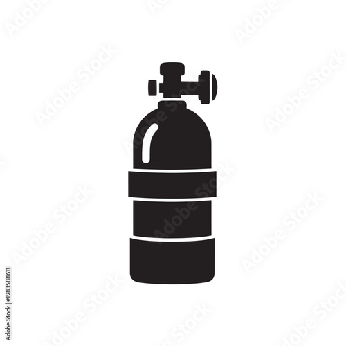 A black silhouette icon of a scuba diving tank with a regulator, isolated on a white background, representing underwater exploration.