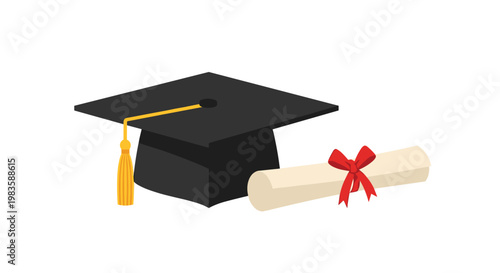 A flat black graduation cap with a golden yellow tassel is positioned next to a rolled diploma scroll tied with a decorative red ribbon on a white background.