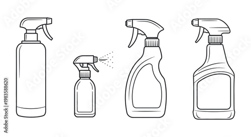 Line art illustrations of spray bottles in a minimalist silhouette