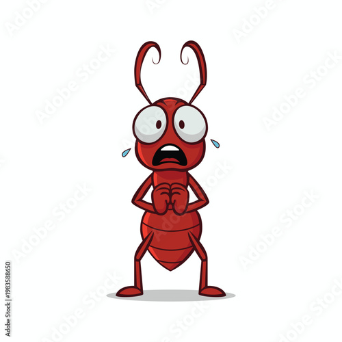 Cartoon Style Red Ant Character Scared and Anxious Expression Illustration