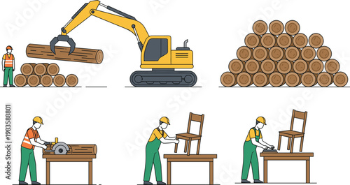 Vector illustration of timber processing and woodworking showing logs, machinery, and workers crafting wooden furniture in industrial and craft stages
