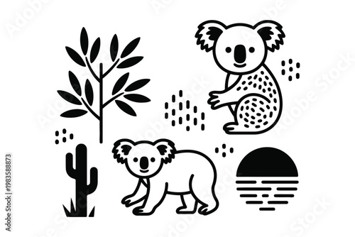 Black and white of koalas with cactus, tree, and sunset