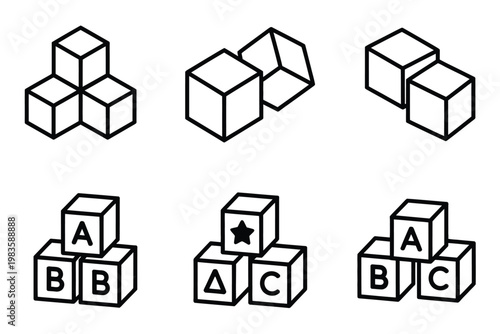 Toy construction blocks outline icons collection, thin editable line flat symbols for building game elements, children creativity tools, educational play concepts