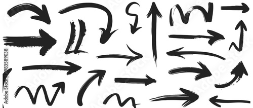 Assortment of rough, brush-stroke style black arrows indicating various directions on white.