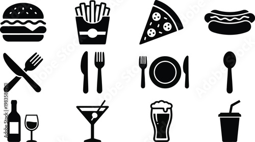 Fast Food and Beverage Black Solid Icon Set