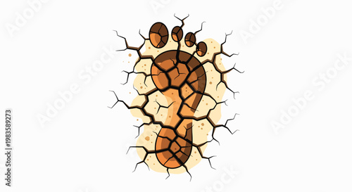 Close-up of a cracked earth texture with a footprint, symbolizing climate change and environmental impact, against a dry background.