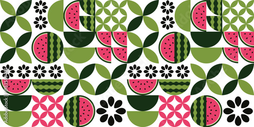 Geometric watermelon pattern with abstract shapes floral elements and fruit slices seamless modern summer background