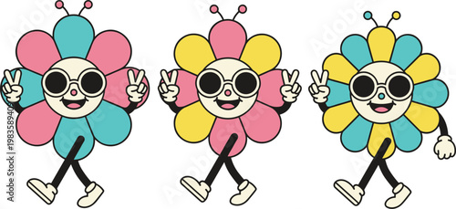 Vector illustration of cartoon flower characters with sunglasses making peace signs in colorful petals for playful design
