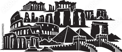 Monochrome ancient landmarks, historical buildings, black silhouette icons, vector illustration, travel symbols