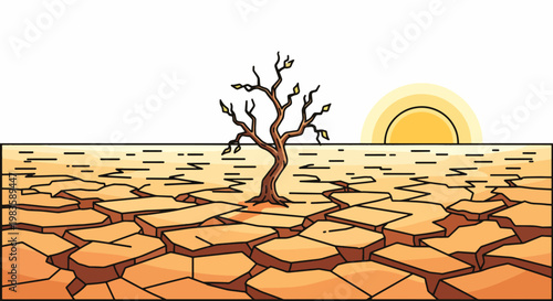 Illustration of a barren tree standing on cracked, dry earth with a sun setting in the background, conveying a scene of climate change and drought.