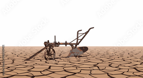 An old, rusty plow sits idle on dry, cracked earth, conveying a sense of climate change and drought in a desolate landscape with a somber mood.