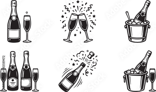 Black and white illustrations of champagne bottles glasses ice buckets cork popping and clinking toast symbolizing festivity celebration and hospitality