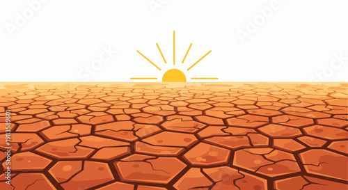 A desolate landscape with a cracked dry earth surface and a rising sun in the background conveying climate change with warm tones.