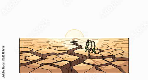 Illustration of a withered landscape with cracked earth and a wilting plant under a setting sun, depicting climate change and drought.