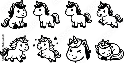 Black and white line art cartoon unicorns in various playful poses vector illustration