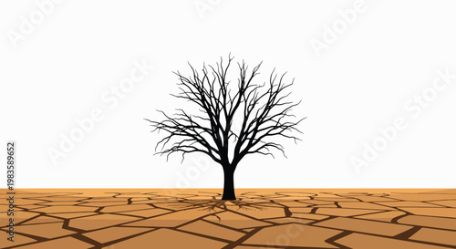 A leafless tree stands on dry, cracked earth with a clear white sky, symbolizing climate change and drought in a desolate landscape.