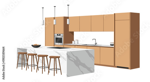 A contemporary kitchen design showcases light wood cabinets and a large marble island with four matching wooden bar stools against a white background.