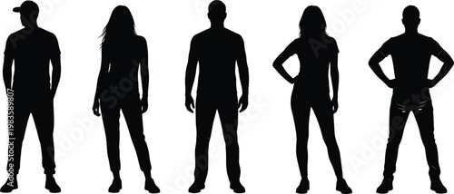 Vector illustration of human silhouettes in casual standing poses with varied postures and clothing styles for design and reference