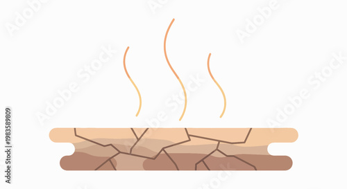 Illustration of a parched, cracked earth landscape with rising heat waves, symbolizing climate change and drought, against a clean white background.