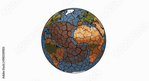 A colorful illustration of the Earth with cracked and fragmented continents on a white background, conveying climate change concerns.