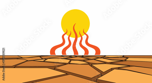 Illustration of a cracked earth surface with a rising sun emitting flames, conveying climate change effects in a dry landscape.