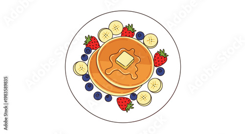 A top-down view of two golden pancakes topped with butter and surrounded by fresh strawberries, blueberries, and sliced bananas on a white plate.