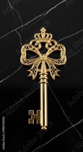 Ornate golden antique style skeleton key rests upon a dark polished stone surface