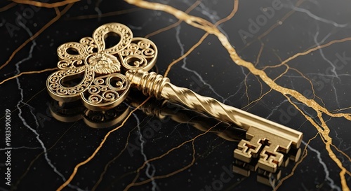 Ornate antique style metallic implement rests upon a dark polished surface with golden veining.