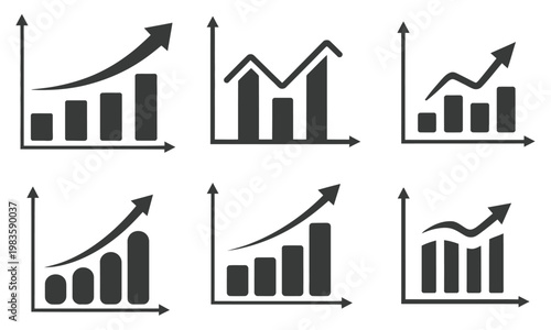 Business graph with arrow icon, financial growth chart symbol showing upward trend, profit increase analytics, market success indicator and modern minimal line design