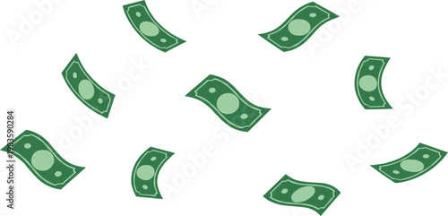 Vector illustration of scattered green paper money bills floating on white background symbolizing wealth, finance, abundance, and prosperity