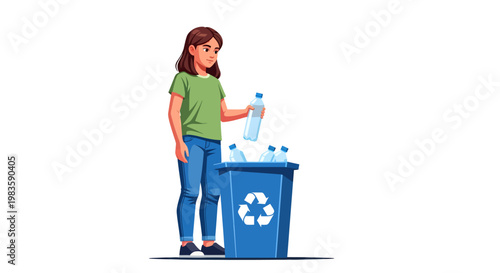 Woman recycling plastic bottles in bin.